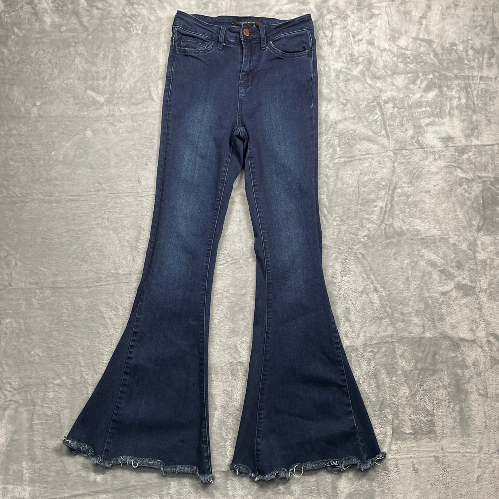 Flying Monkey High Rise Super Flare Jeans Womens 24 Dark Wash Raw Hem